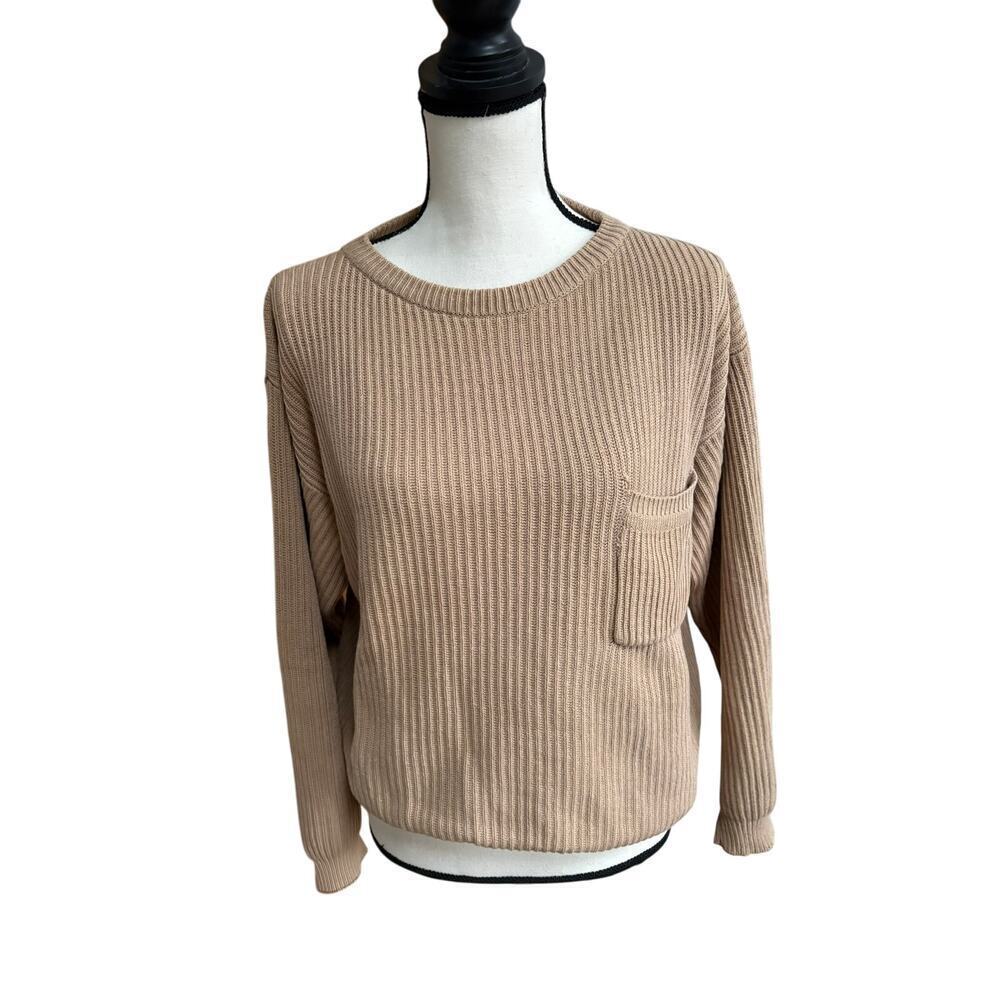 French Navy Beige Ribbed 100% Cotton Knit Sweater Women’s Medium Minimalist
